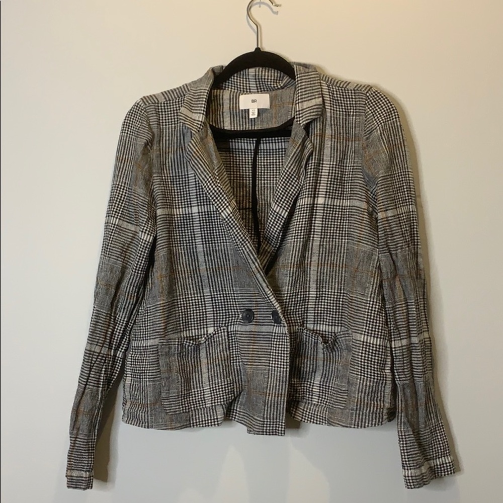 BP BLACK WHITE AND GOLD PLAID LINEN BLAZER